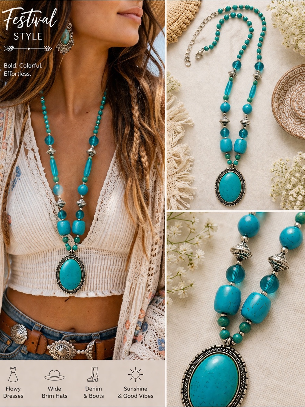 Turquoise Statement Necklace Large Pendant Boho Festival - Picture 4 of 4